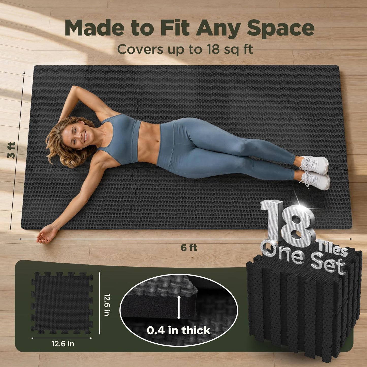 AIRHOP 12x12In Thick 18 Tiles Gym Floor Mat, High-Density EVA Foam Puzzle Gym Mat, Interlocking Foam Floor Tiles for Home Gym Exercise Equipment, Play Workout Garage Kitchen Flooring