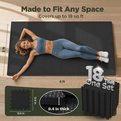 AIRHOP 12x12In Thick 18 Tiles Gym Floor Mat, High-Density EVA Foam Puzzle Gym Mat, Interlocking Foam Floor Tiles for Home Gym Exercise Equipment, Play Workout Garage Kitchen Flooring