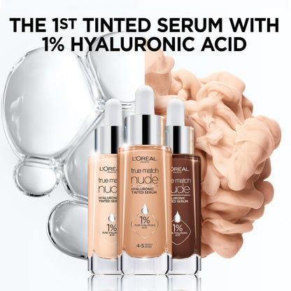 L’Oréal Paris True Match Nude Hyaluronic Foundation, Tinted Face Serum Foundation with Hyaluronic Acid for Lightweight Coverage and Instant Hydration, Radiant Finish - Light, 30 mL - Available at All In One Marketplace Canada