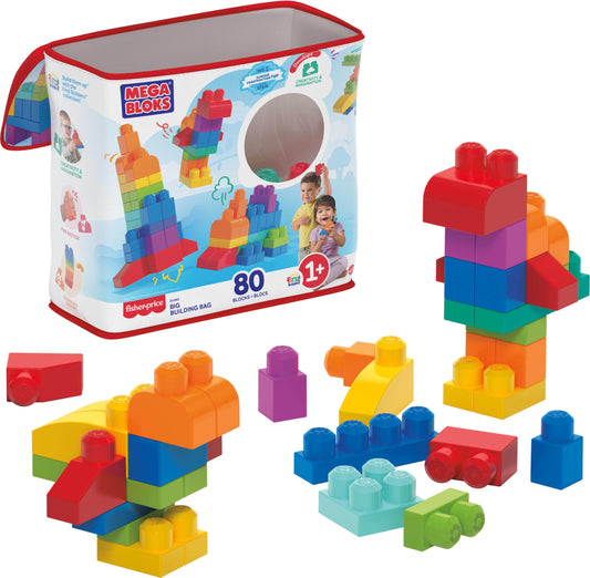 MEGA BLOKS First Builders Toddler Blocks Toys Set, Big Building Bag Collection with 80 Pieces and Storage, Blue, Ages 1+ Years