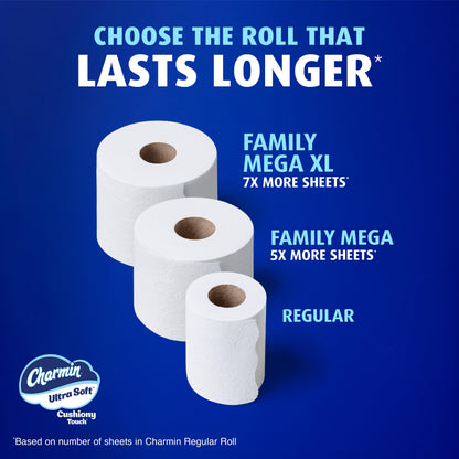 Charmin Toilet Paper Ultra Soft Cushiony Touch, 12 Family Mega XL Rolls = 84 Regular Rolls
