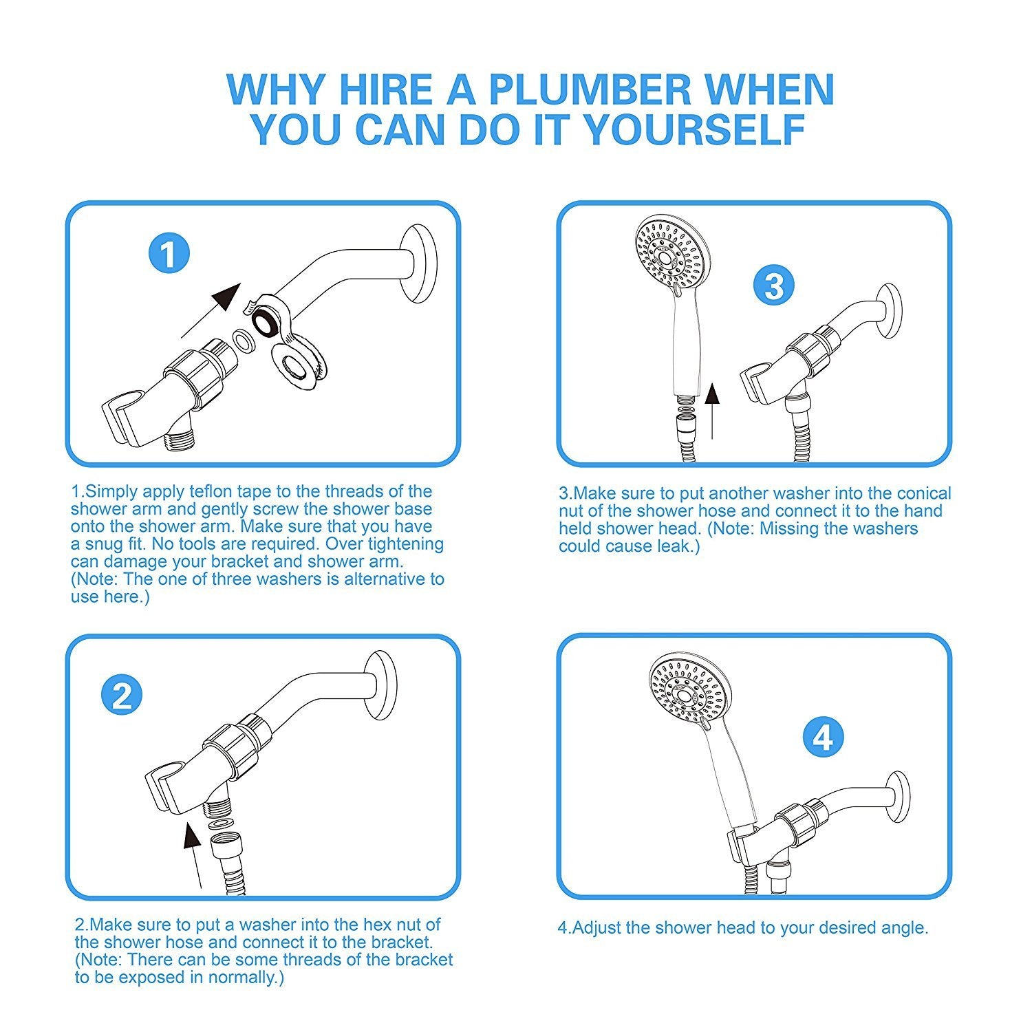 Shower Head, High Pressure Handheld Showerhead with Hose, 5 Settings Chrome Finished Hand Held Rainfall Shower Set- Including Bracket Teflon Washer - Available at All In One Marketplace Canada