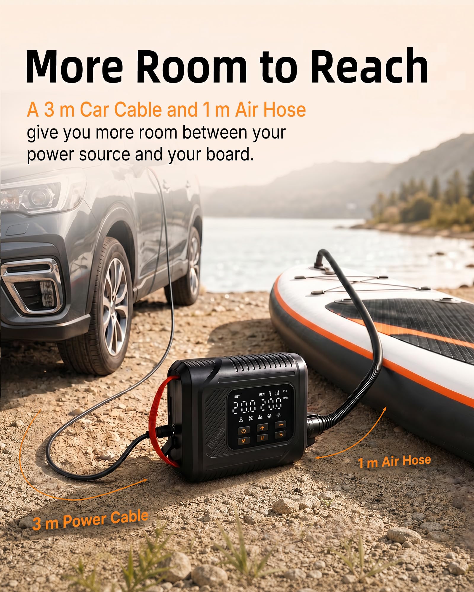 12V DC Paddle Board Pump, Electric Portable SUP Air Pump with Car Cigarette Lighter, Preset Pressure & Auto-Off, Dual-Stage Fast Inflate/Deflate, 20 PSI Max, 7 Nozzles for Paddleboards, Kayaks, Boats.
