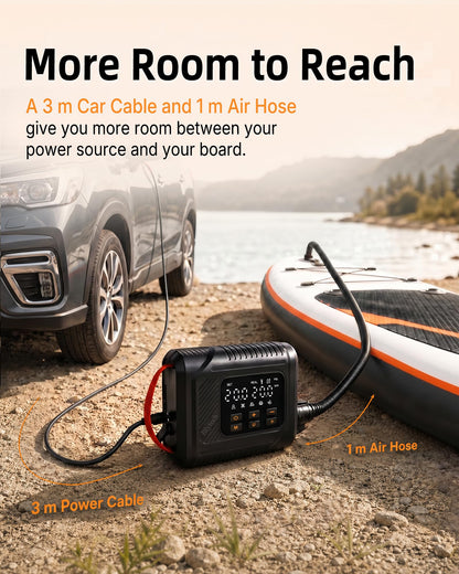 12V DC Paddle Board Pump, Electric Portable SUP Air Pump with Car Cigarette Lighter, Preset Pressure & Auto-Off, Dual-Stage Fast Inflate/Deflate, 20 PSI Max, 7 Nozzles for Paddleboards, Kayaks, Boats.
