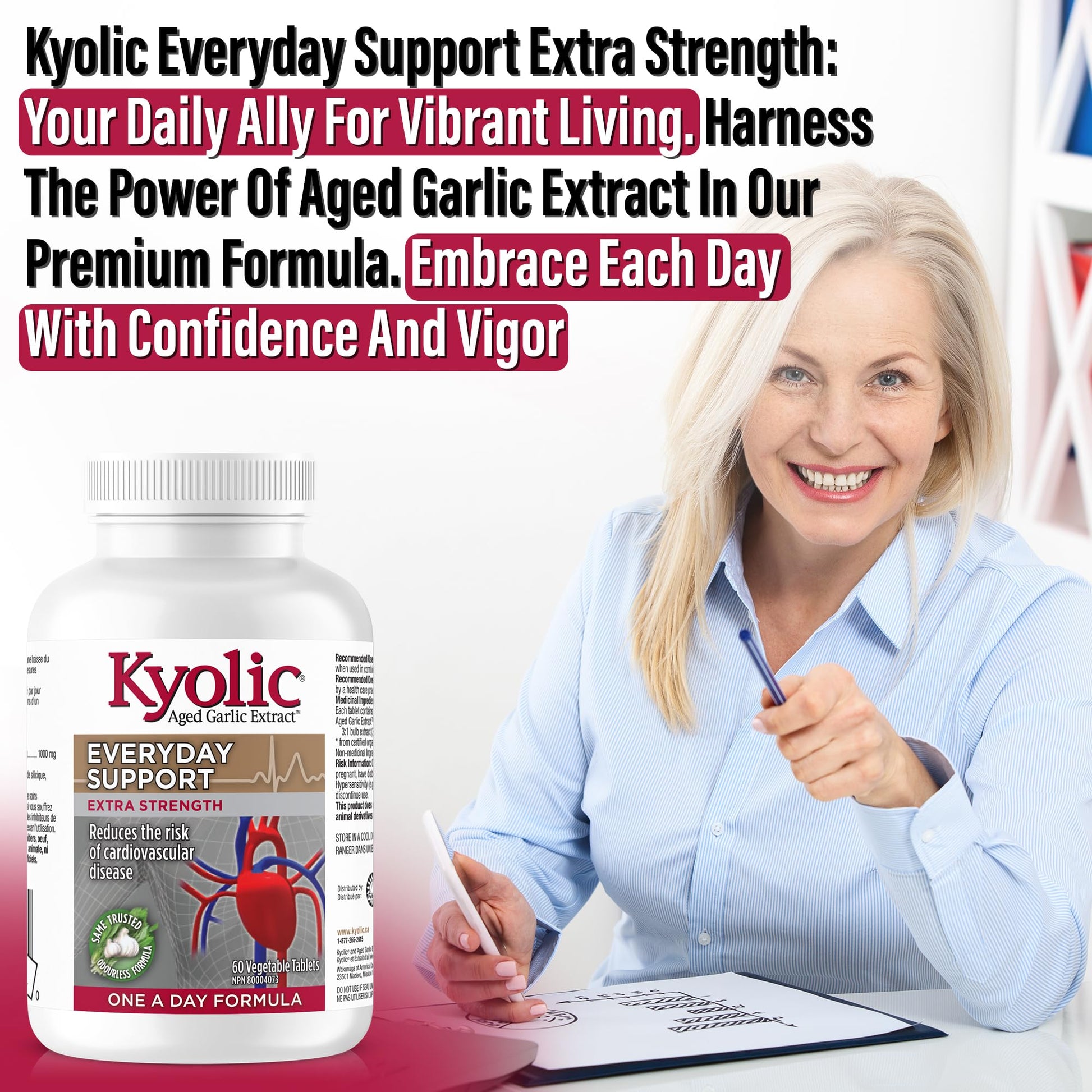 Kyolic - Odourless Aged Garlic Extract Everyday Support Extra Strength One-A-Day 1000mg, 60 Veg Tablets 60-Day Supply - Kyolic Garlic Supplements, Garlic Pills - Herbal Supplement for Wellness Support - Available at All In One Marketplace Canada