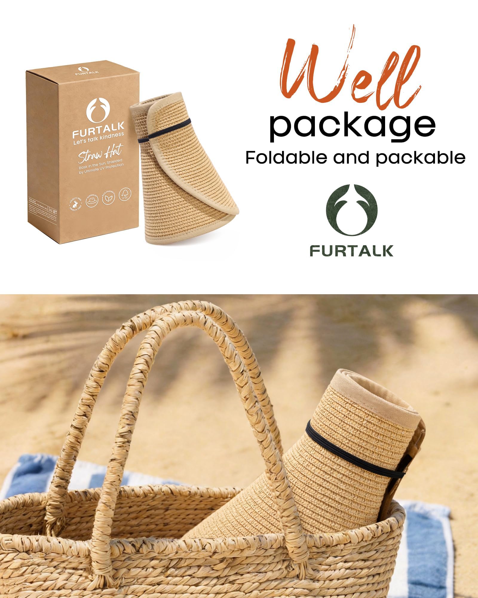 FURTALK Sun Visor Hats for Women Wide Brim Straw Roll Up Ponytail Summer Beach Hat UV UPF 50 Packable Foldable Travel - Available at All In One Marketplace Canada