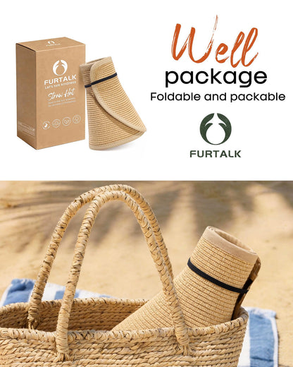 FURTALK Sun Visor Hats for Women Wide Brim Straw Roll Up Ponytail Summer Beach Hat UV UPF 50 Packable Foldable Travel - Available at All In One Marketplace Canada