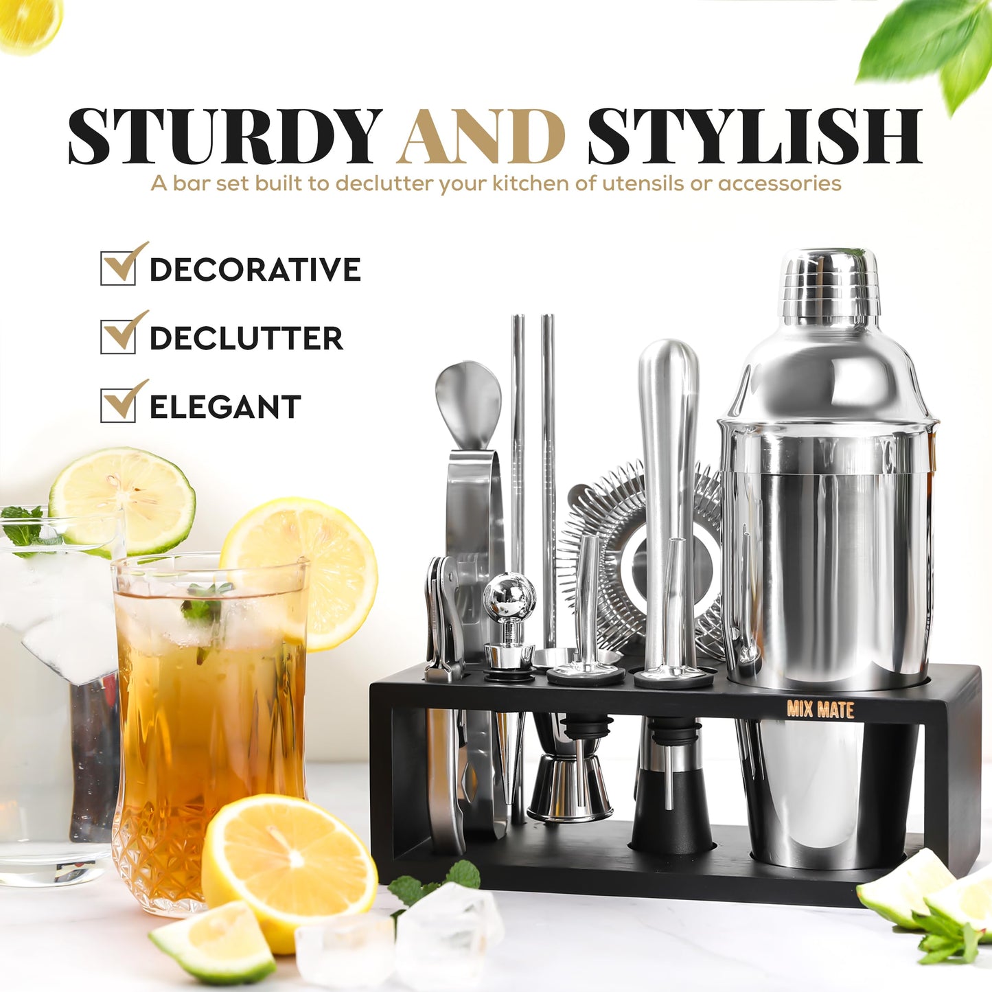 Mixology Bartender Kit with Stand | 15 Piece Bar Tool Set, Silver Bar Set Cocktail Shaker Set for Drink Mixing - Includes Martini Shaker, Jigger, Strainer, Bar Mixer Spoon, Tongs | Gift Idea (Silver) - Available at All In One Marketplace Canada