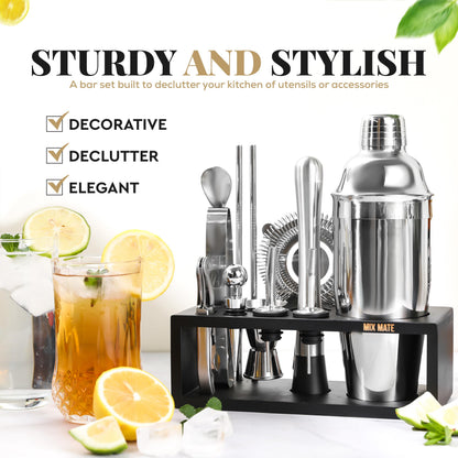 Mixology Bartender Kit with Stand | 15 Piece Bar Tool Set, Silver Bar Set Cocktail Shaker Set for Drink Mixing - Includes Martini Shaker, Jigger, Strainer, Bar Mixer Spoon, Tongs | Gift Idea (Silver) - Available at All In One Marketplace Canada