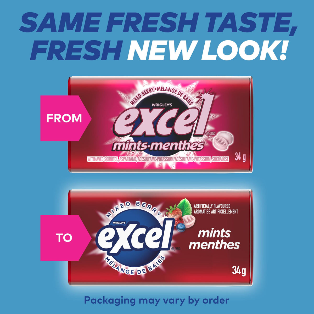 EXCEL, Mixed Berry Flavoured Mints,34g, Tin, 8 Packs