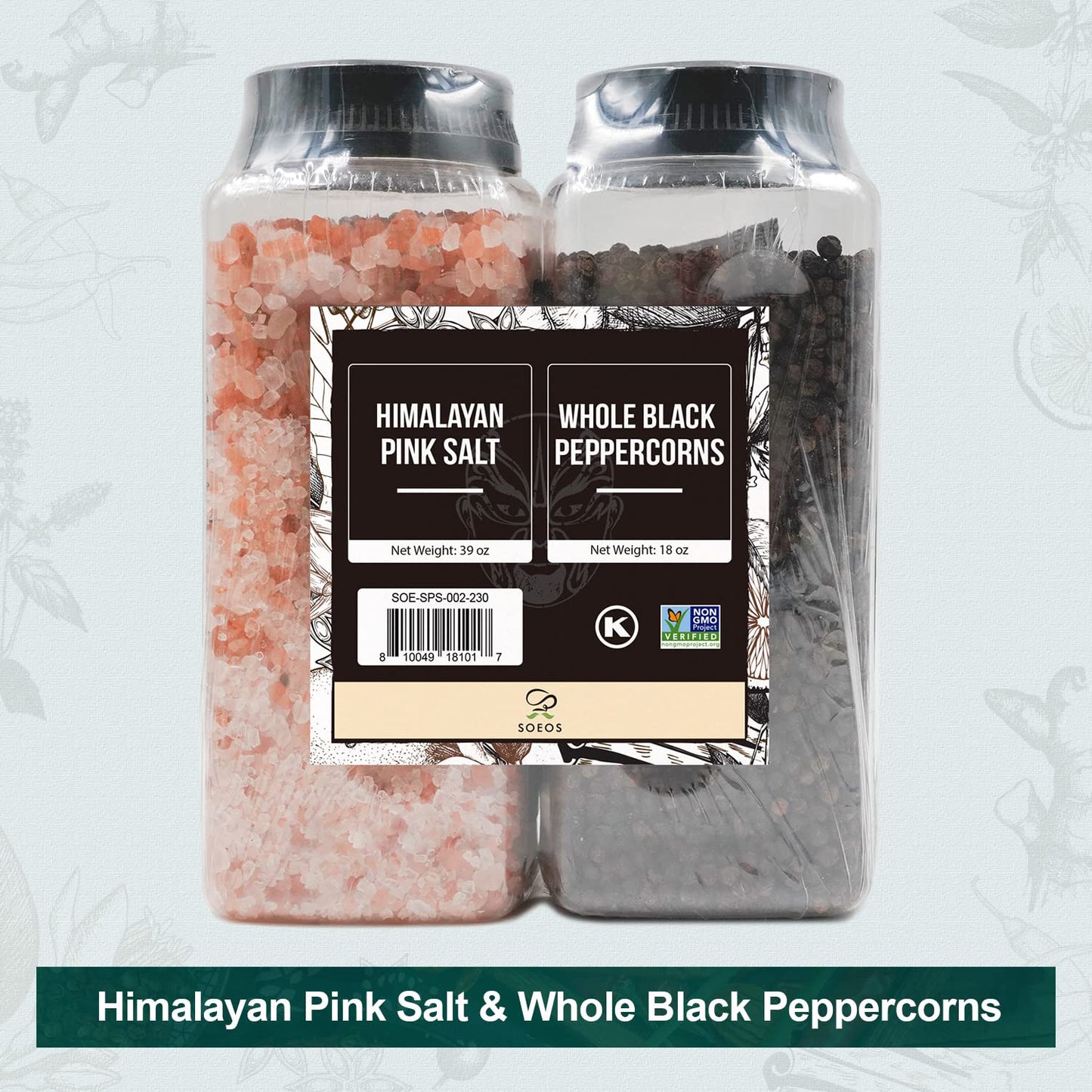 Soeos Himalayan Pink Salt 38.8oz & Whole Black Peppercorns 18oz – Coarse Grain for Grinders, Non-GMO & Kosher