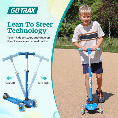 Gotrax KS1 Kids Kick Scooter, LED Lighted Wheels and 3 Adjustable Height Handlebars, Lean-to-Steer & Widen Anti-Slip Deck, 3 Wheel Scooter for Boys & Girls Ages 3+ and up to 50 Kg (Blue)