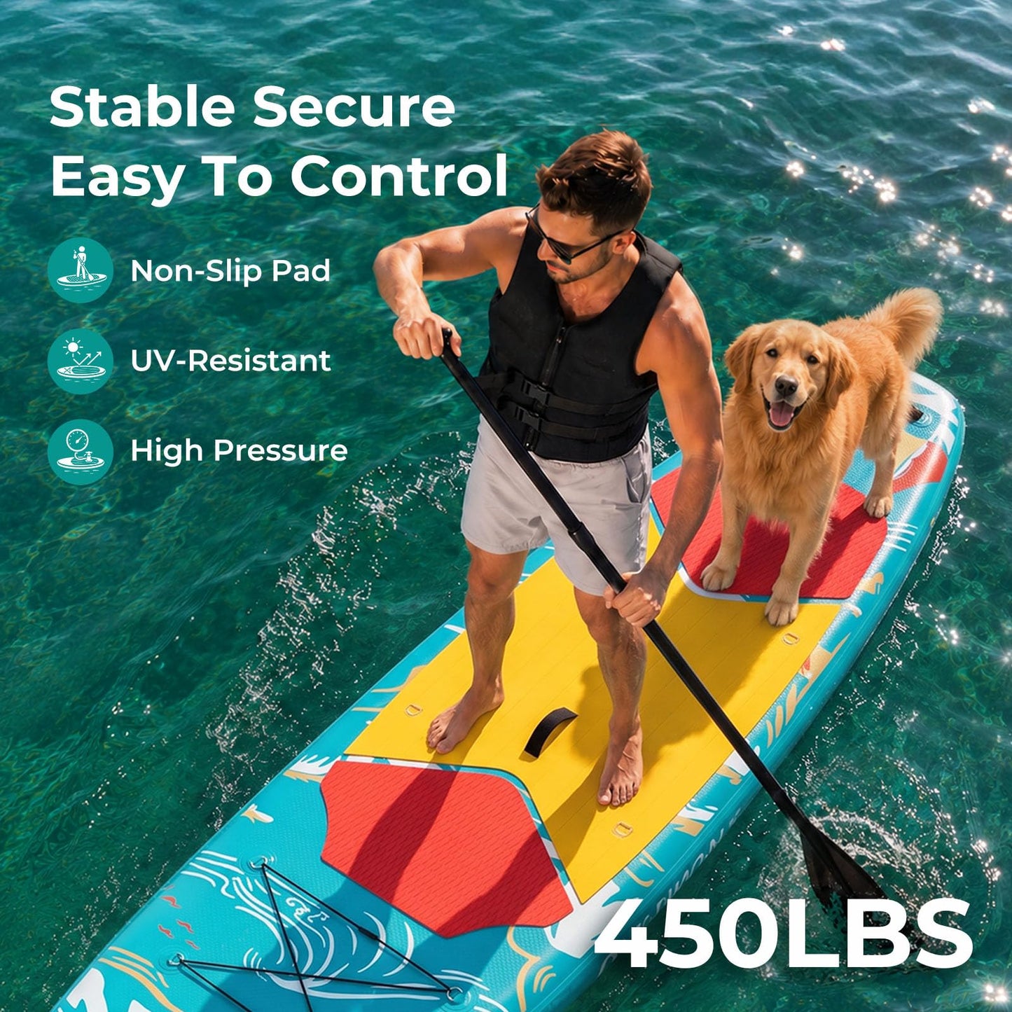 Overmont Inflatable Paddle Board 10'7" x 33" x 6", Extra Wide SUP for Adults & Beginners, 350 lb Stand Up Paddle Board with Adjustable Paddle, Pump, 3 Fins, Leash, Backpack & Repair Kit OVERMONT
