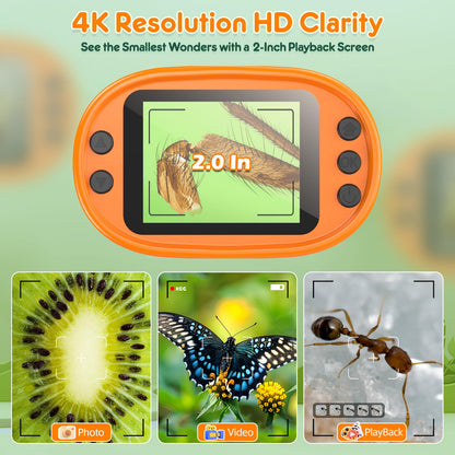 1000X Handheld Digital Microscope for Kids - 4K 2.0" Screen, Rechargeable Mini Labster Portable Pocket Scope, Includes Slides Kit - Science Gadget Edu Boy Girls Gift Ages 4-12