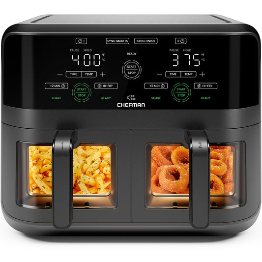 CHEFMAN 6 Quart Dual Basket Air Fryer Oven with Easy View Windows, Sync Finish, Hi-Fry, Auto Shutoff, 2 Independent 3Qt Nonstick Dishwasher Safe Frying Baskets, Digital Double Air Fryer - Black - Available at All In One Marketplace Canada