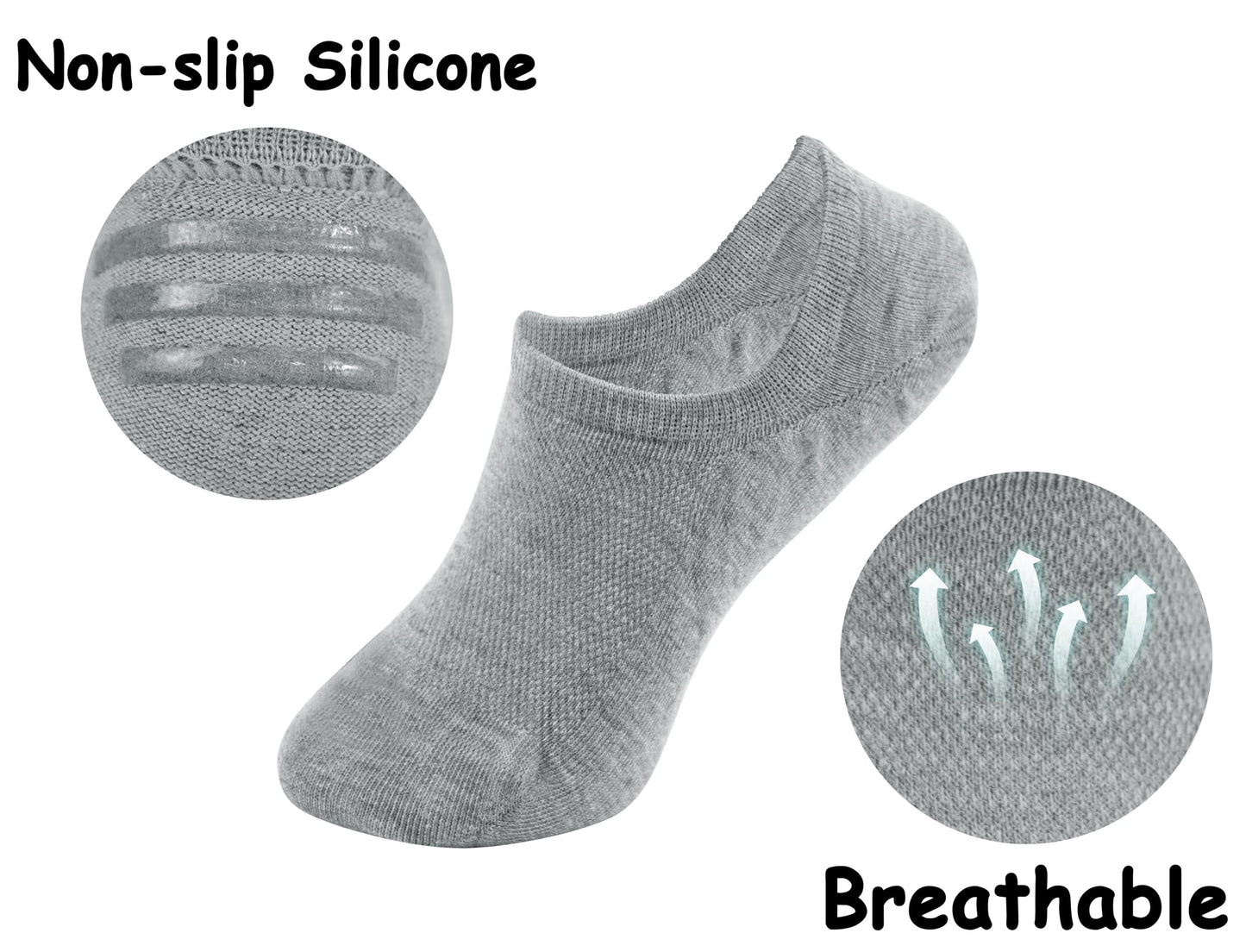 BenSorts Pack of 6 Low Cut Ankle Style Socks for Women Liner Non Slip Invisible Hidden Socks White Black Gray 6 Pairs Size 5 6 7 8