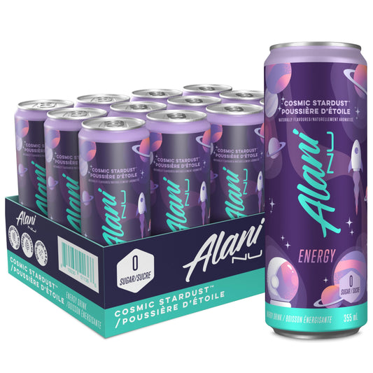 Boissons énergisantes Alani Nu COSMIC STARDUST sans sucre et faibles en calories | 140 mg de caféine | Performance pré-entraînement avec antioxydants | Biotine et vitamines B | Zéro sucre | 10 calories | 355 ml (paquet de 12)