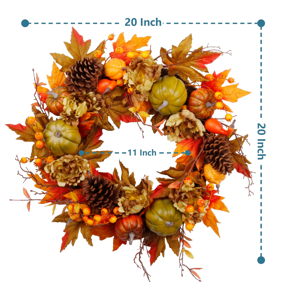 Couronne d'automne SOFTFLAME de 50 cm pour porte d'entrée, couronne artificielle automnale avec citrouille, pommes de pin, feuilles d'érable et baies, idée cadeau pour la décoration de la maison pour Halloween et Thanksgiving