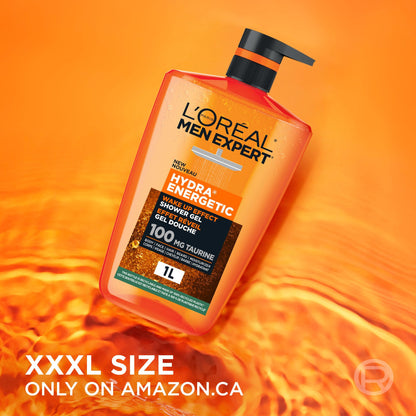 L'Oréal Paris Men Expert Hydra Energetic XXXL Shower Gel, Men's Taurine Body Wash for Body, Face, Hair & Beard, Energizing & Wake Up Effect, 1 Litre