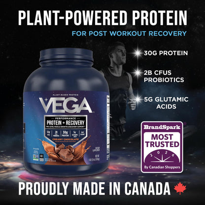 Vega Protein + Recovery, Chocolate – 30g Vegan Protein, Dairy & Gluten Free, Probiotics, NSF Certified, 1.98 kg (45 Servings)