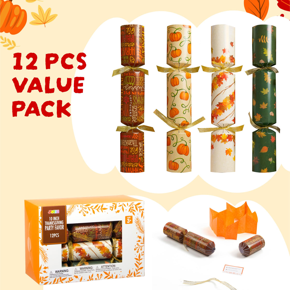 JOYIN 12 Pack Thanksgiving Party Table Favor No Snap No Popping with Party Hat, Joke & Gift Inside, Thanksgiving Holiday Traditions, Random gifts with Autumn Leaves, Pumpkin, Lettering Designs 🍁 All In One Marketplace Canada