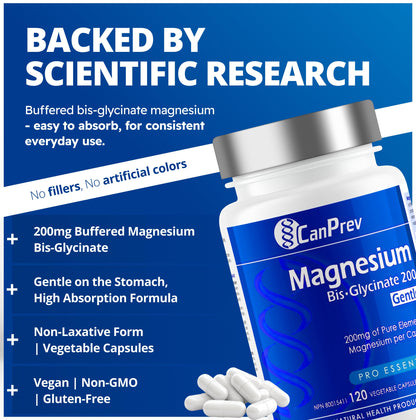 CanPrev Magnesium Bis-Glycinate Gentle 200mg, 120 V-Caps 120-Day Supply - Pure Elemental Magnesium Supplement, Supports Bone and Muscle Function, Gentle on Stomach, Perfect for Daily Magnesium Needs