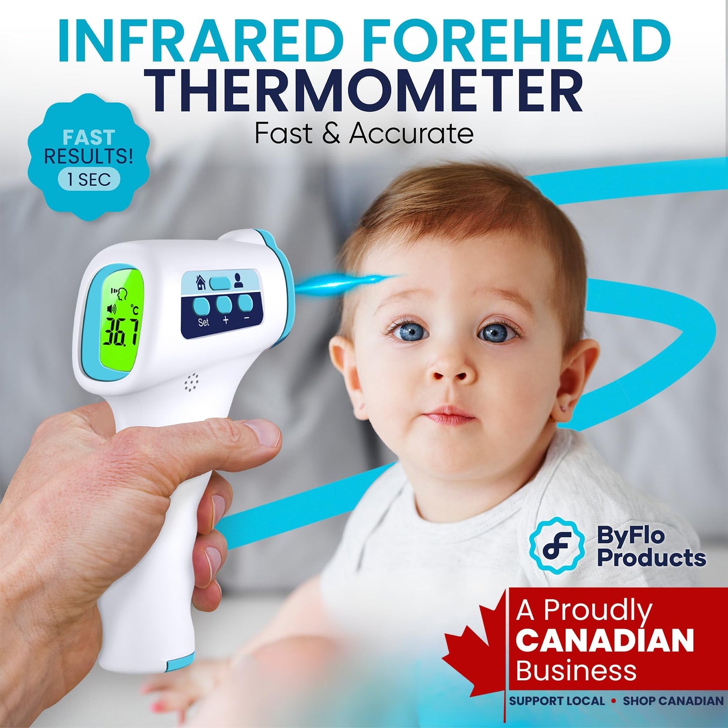 ByFloProducts Forehead Thermometer, Non Touch Digital Thermometer for Adult and Baby, Digital Infrared Thermometer, Fast and Accurate Reading with Fever Alarm, Blue - Available at All In One Marketplace Canada