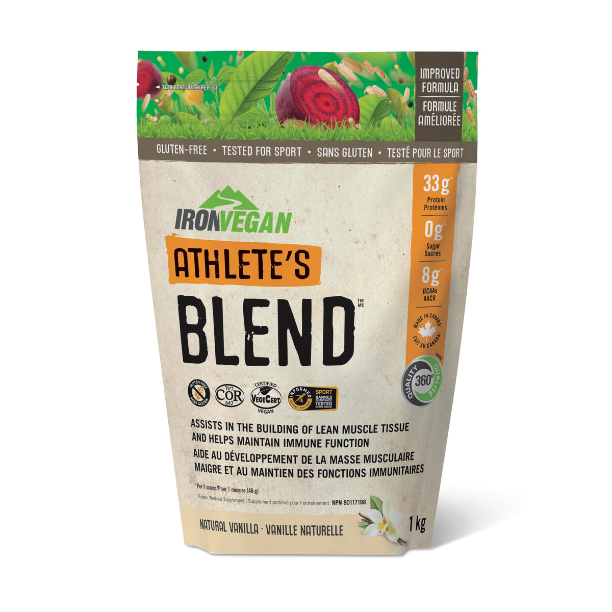 Iron Vegan Athlete's Blend Protein Powder Natural Vanilla, Assists in Building Lean Muscle Tissue. With 33g of Plant Protein and 8g of Vegan BCAAs, Non-GMO, Vegan, Gluten-Free, Canadian-Made, 1kg