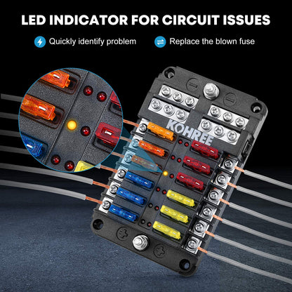 Kohree 12V Fuse Block 12 Way, Blade Marine Fuse Block with LED Indicator
