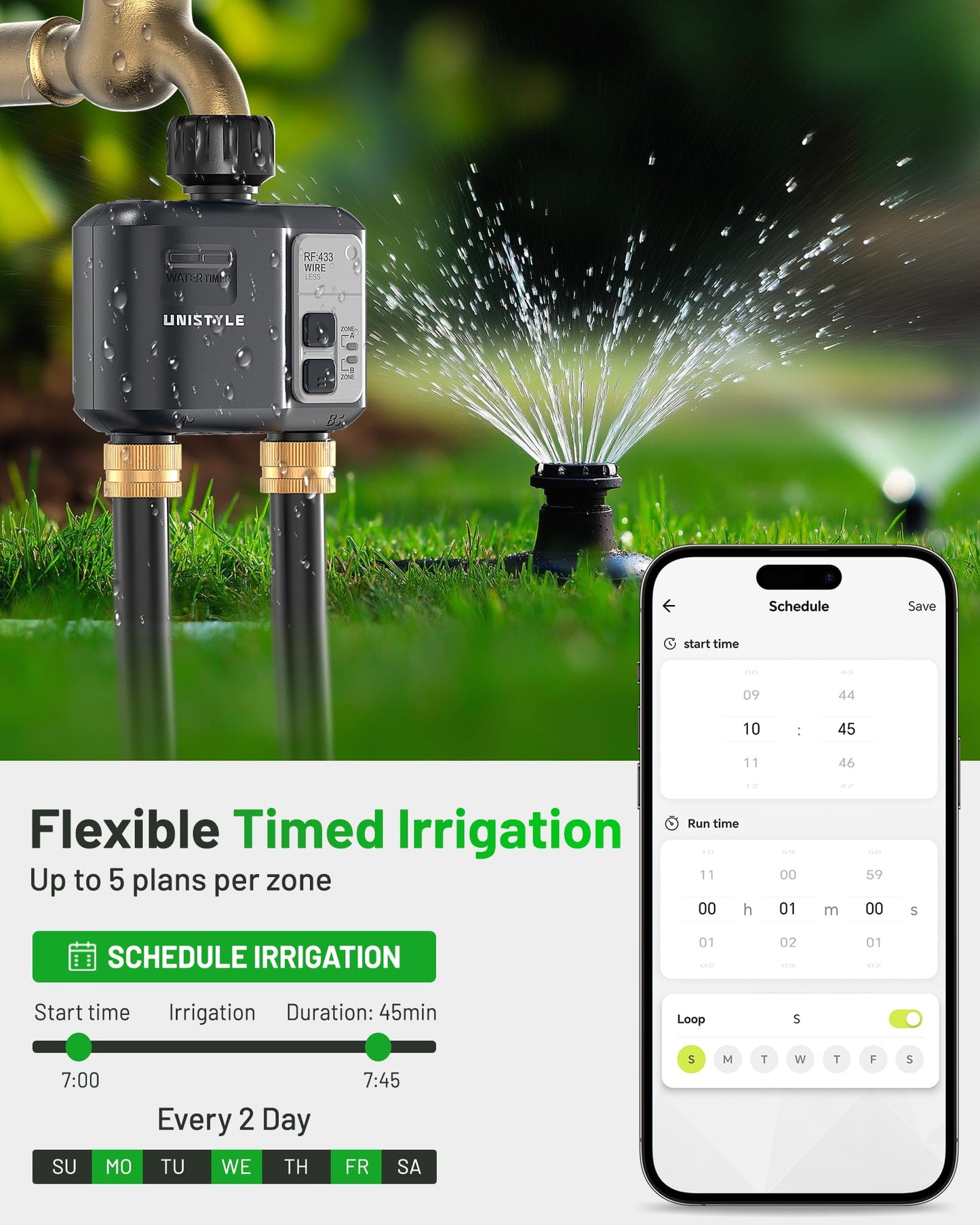 [All-New 2027] 1700FT WiFi Sprinkler Timer 2 Zone, Unistyle Smart Hose Timers Compatible Alexa & Google Voice and App Control, Water Timer for Garden Hose with Auto & Manual Modes for Garden Lawn - Available at All In One Marketplace Canada