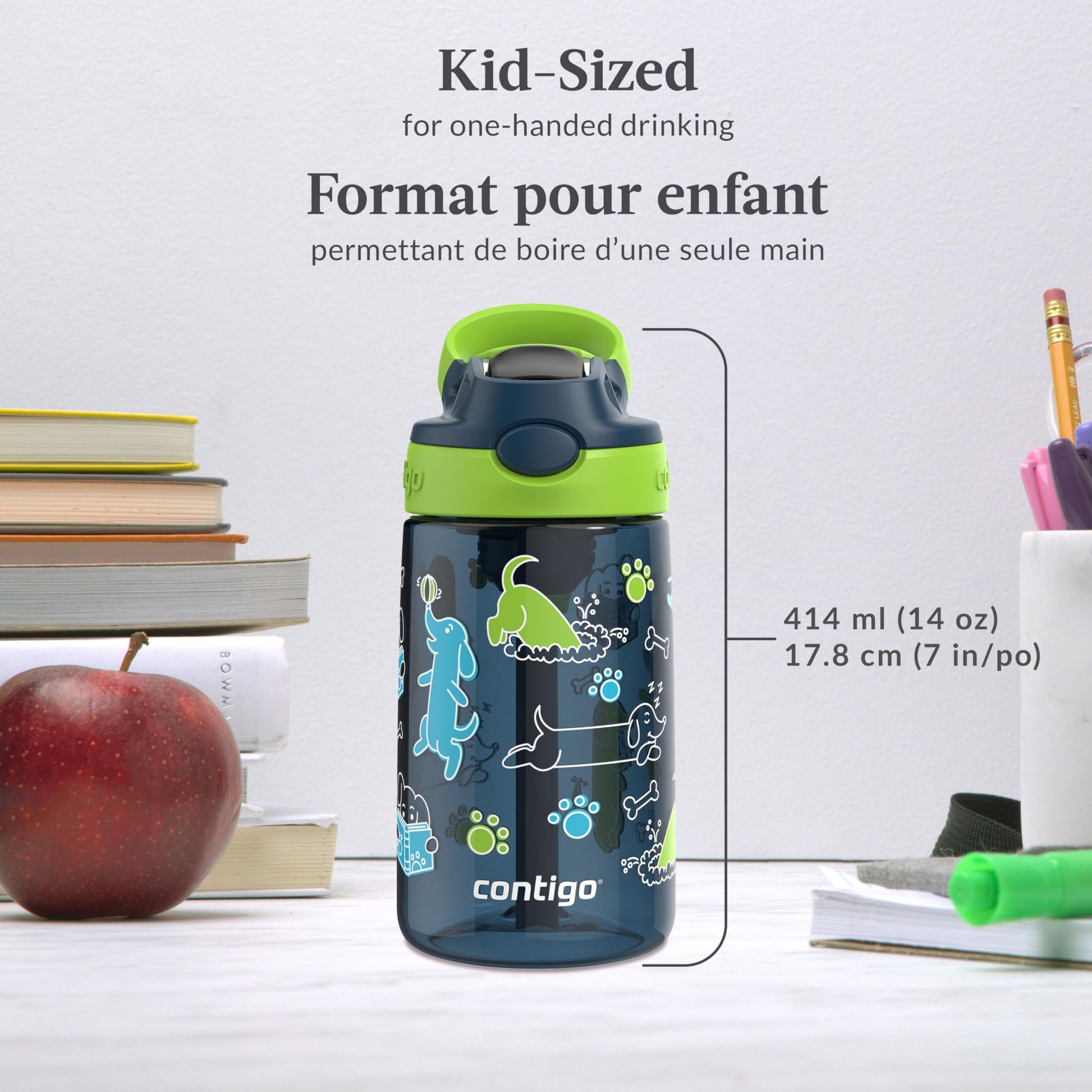 Contigo Kids Aubrey Straw Water Bottle with Leak-Proof Lid, BPA-Free Plastic, Dishwasher Safe, Lime with Dogs, 14 oz (414 mL)