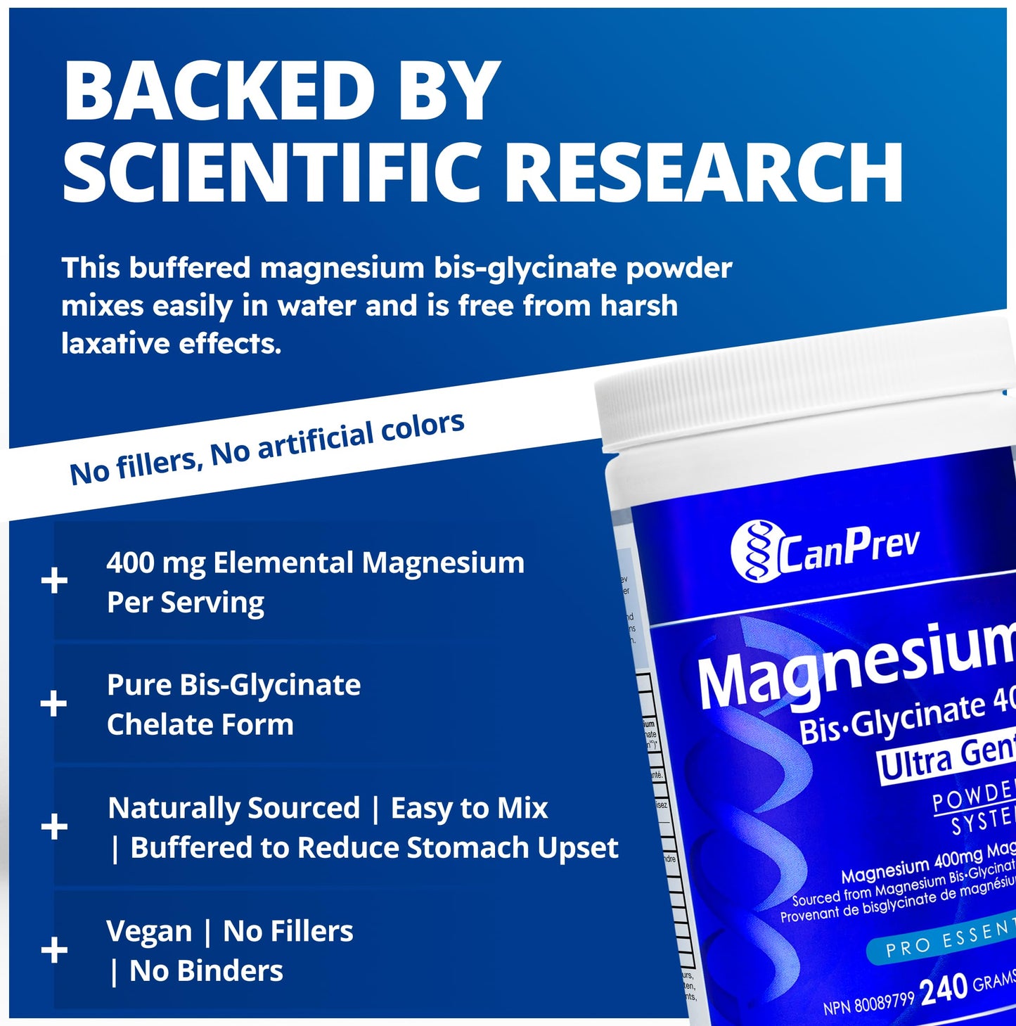 CanPrev Magnesium Bisglycinate Ultra Gentle 240g Powder 48-Servings - 400mg of Pure Elemental Magnesium Per Scoop - Chelated Complex - Muscle Health, Calm, Relaxation, Bone Health and Cramp Relief - Available at All In One Marketplace Canada