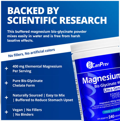 CanPrev Magnesium Bisglycinate Ultra Gentle 240g Powder 48-Servings - 400mg of Pure Elemental Magnesium Per Scoop - Chelated Complex - Muscle Health, Calm, Relaxation, Bone Health and Cramp Relief - Available at All In One Marketplace Canada