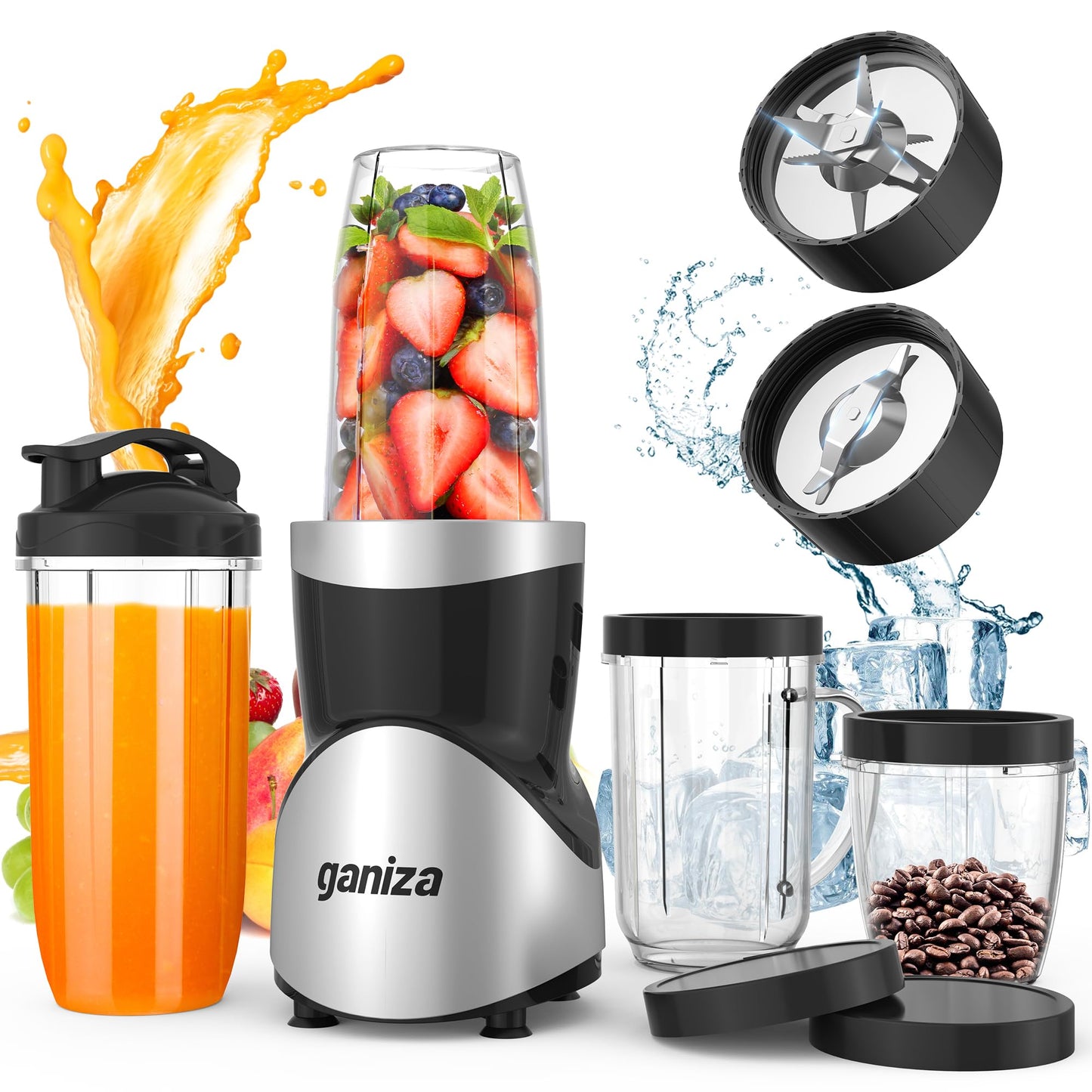 Smoothie Blender, Ganiza Blenders for Smoothies with 15-Piece Blender and Grinder Combo, 4 BPA-Free Personal Blender Cup, for Shakes, Protein Drinks, Fruit Vegetable Drink, Nuts, Spices, Coffee Beans - Available at All In One Marketplace Canada