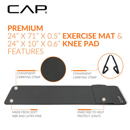 CAP Barbell Yoga Mat 1/2" Thick with Carrying Strap & Knee Pad - High Density Exercise Mat for Yoga, Pilates, Stretching, Floor & Fitness Workouts - 71''x24''x1/2" | Black