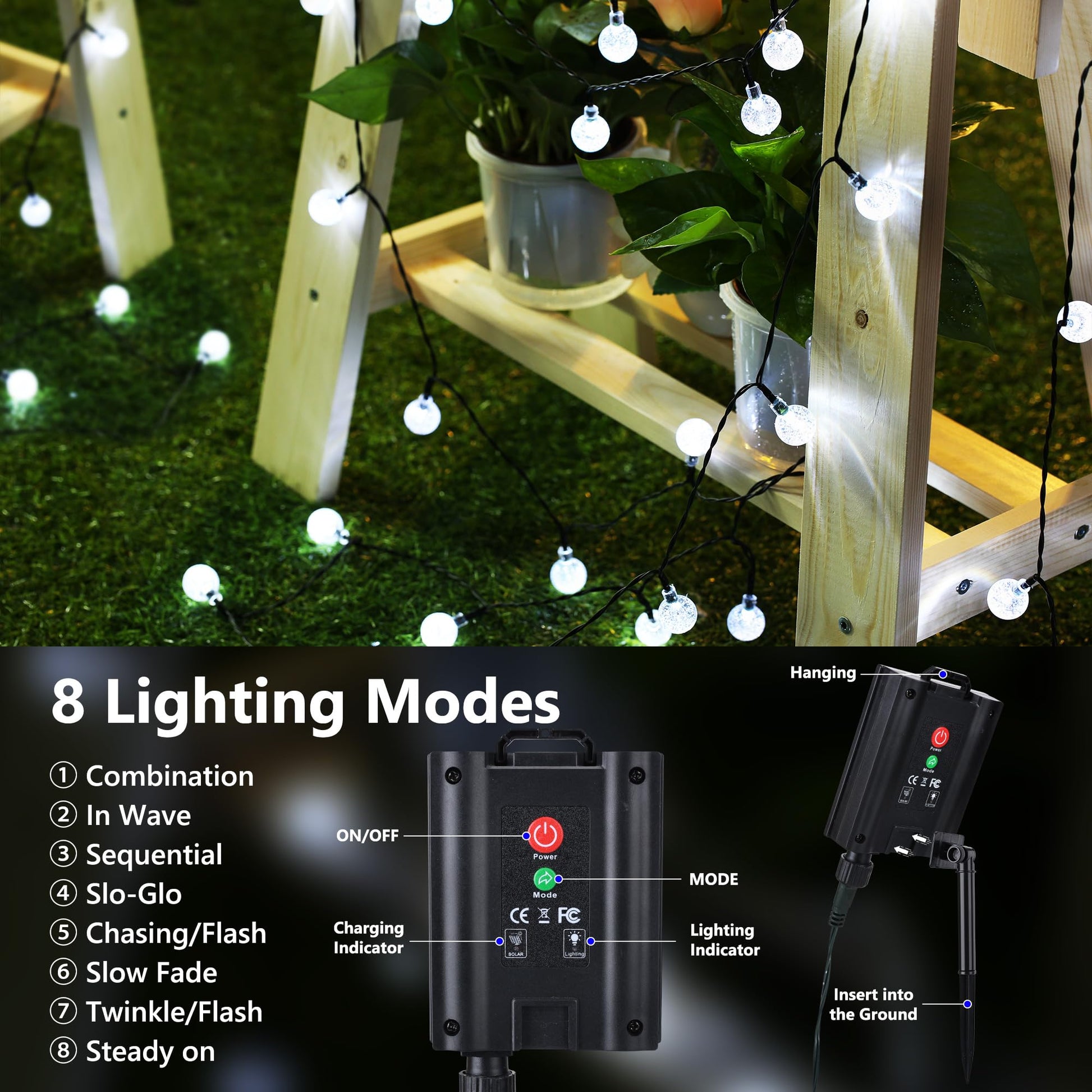 Joomer Solar String Lights Outdoor-65FT 100LED Solar Globe String Lights,8 Lighting Modes, Waterproof Solar Powered Patio Light for Garden Yard Porch Party Outdoor Decor (White)
