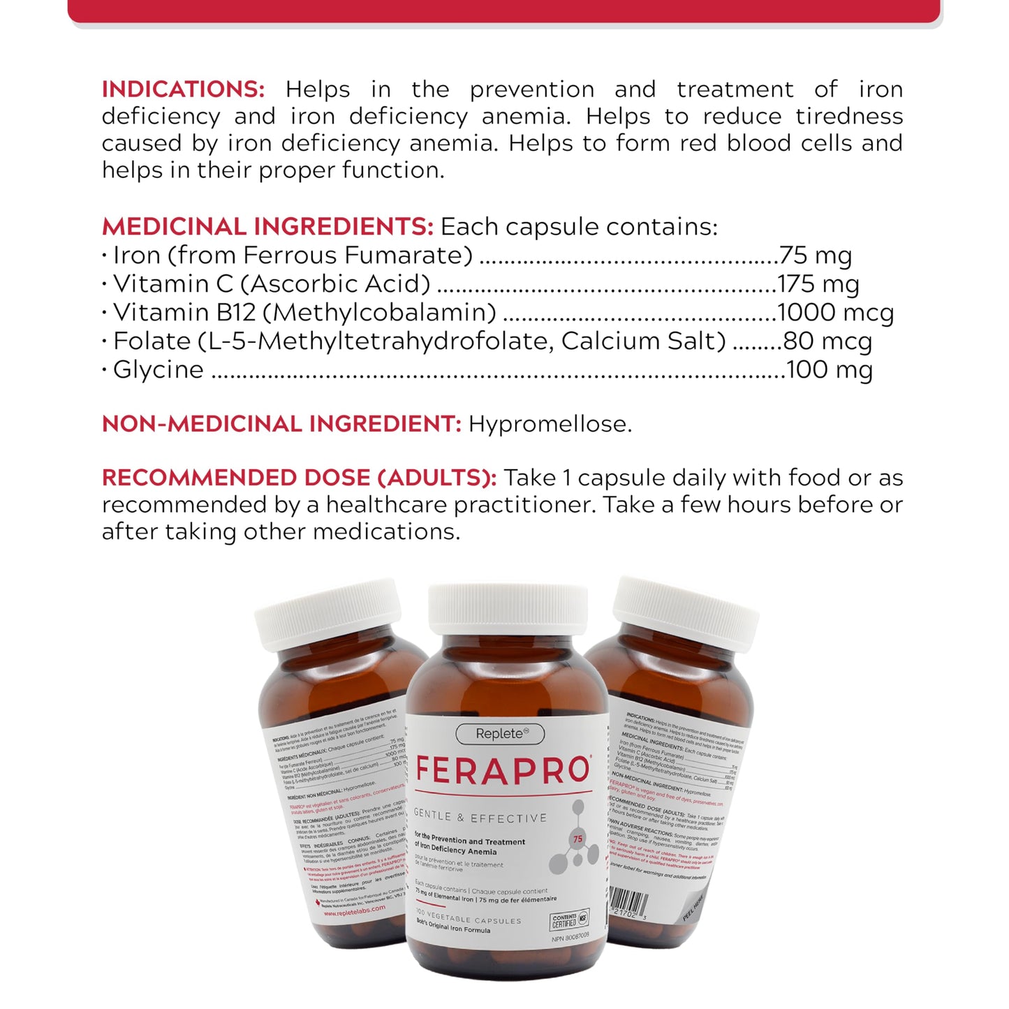 FERAPRO 75 Targeted Iron Support 75 mg Elemental Iron with Vitamin C Methylcobalamin 5-MTHF Glycine 100 Capsules Vegan Clean Label - Available at All In One Marketplace Canada