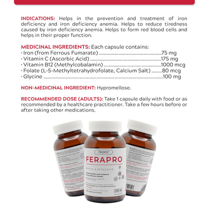 FERAPRO 75 Targeted Iron Support 75 mg Elemental Iron with Vitamin C Methylcobalamin 5-MTHF Glycine 100 Capsules Vegan Clean Label - Available at All In One Marketplace Canada