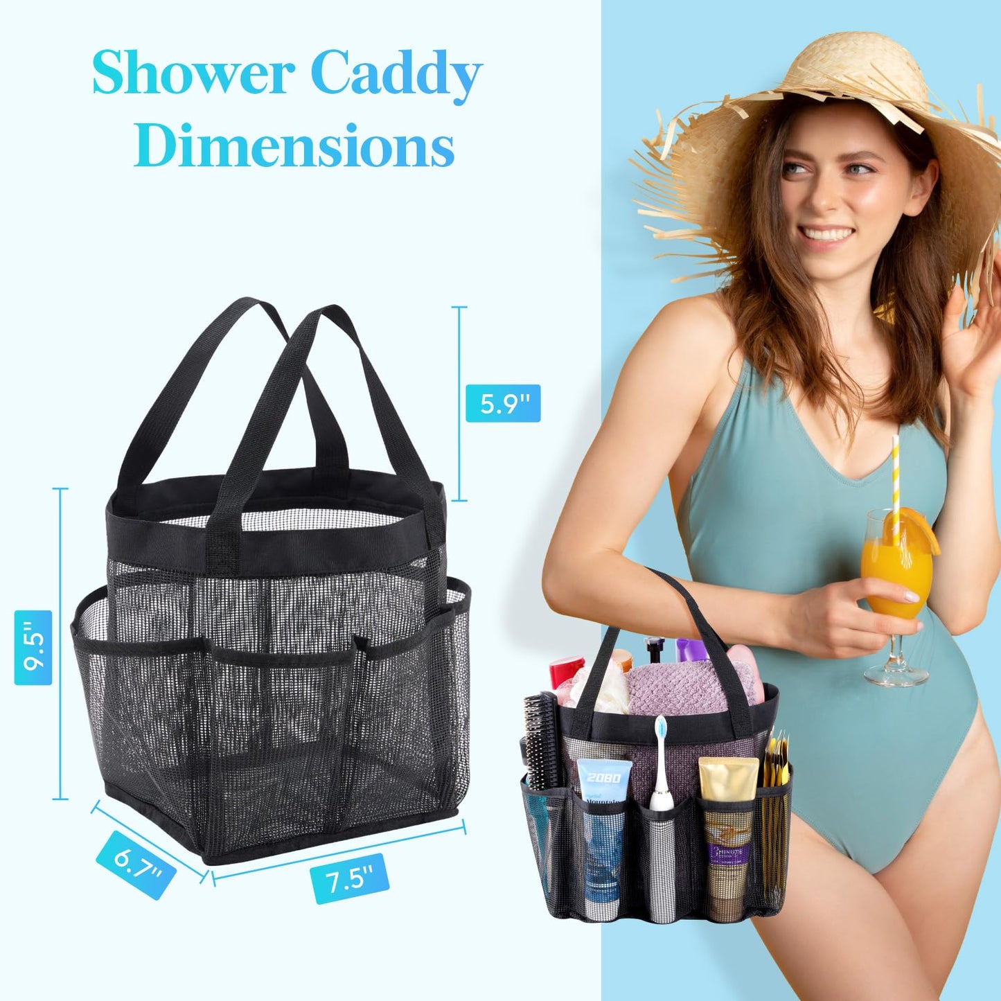 Lifewit Mesh Shower Caddy Freestanding Portable Shower Tote Bag for College Dorm, Bathroom, Gym, Travel, Quick Dry Hanging Shower Organizer with 7 Storage Pockets for Toiletry Essentials, Medium,Black - Available at All In One Marketplace Canada