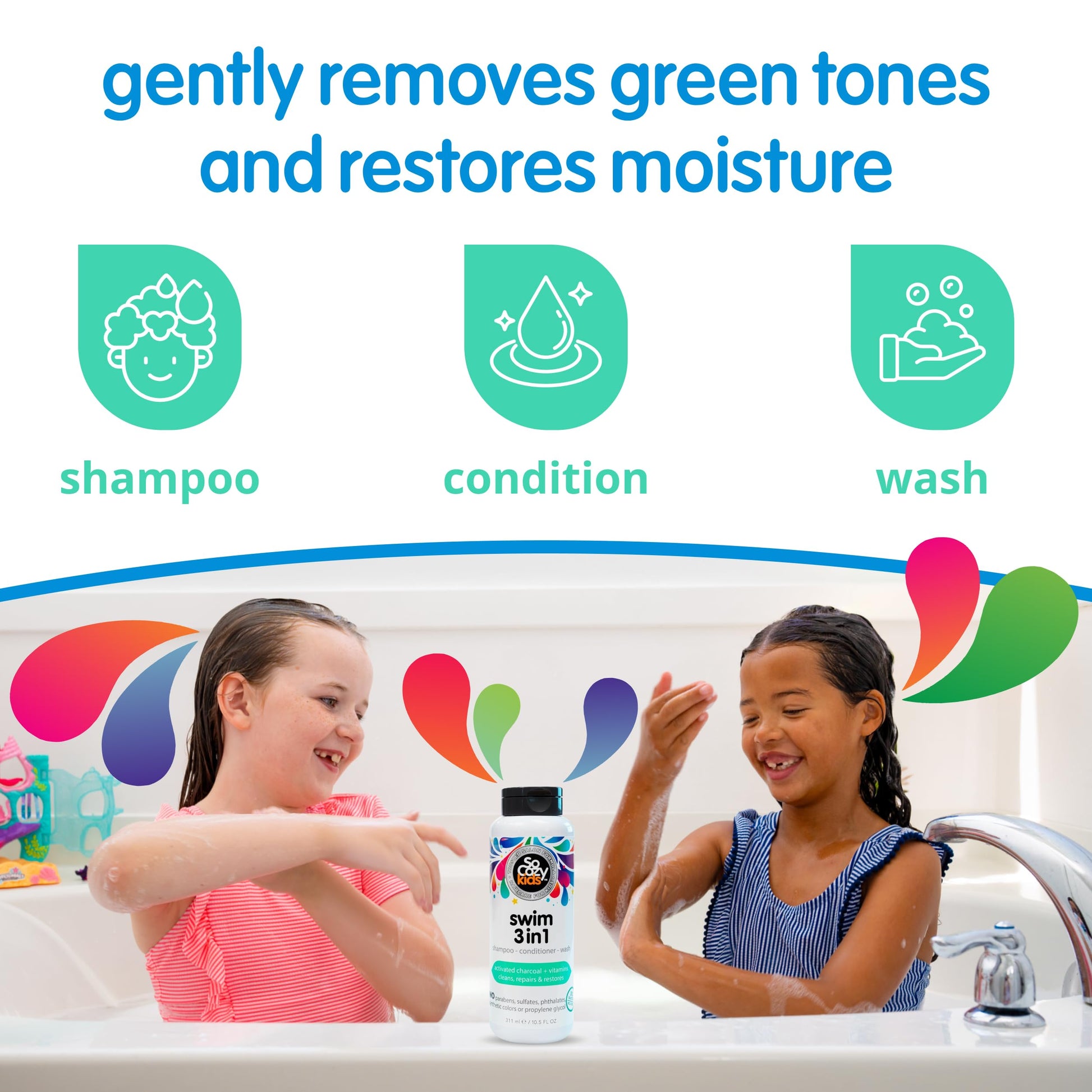 SoCozy Kids Swim 3-in-1 Shampoo, Conditioner & Body Wash - 3-in-1 Combo Pool Shampoo & Conditioner for Swimmers - Salt & Chlorine Removing Activated Charcoal for Toddler & Kids Hair After Swimming SO COZY