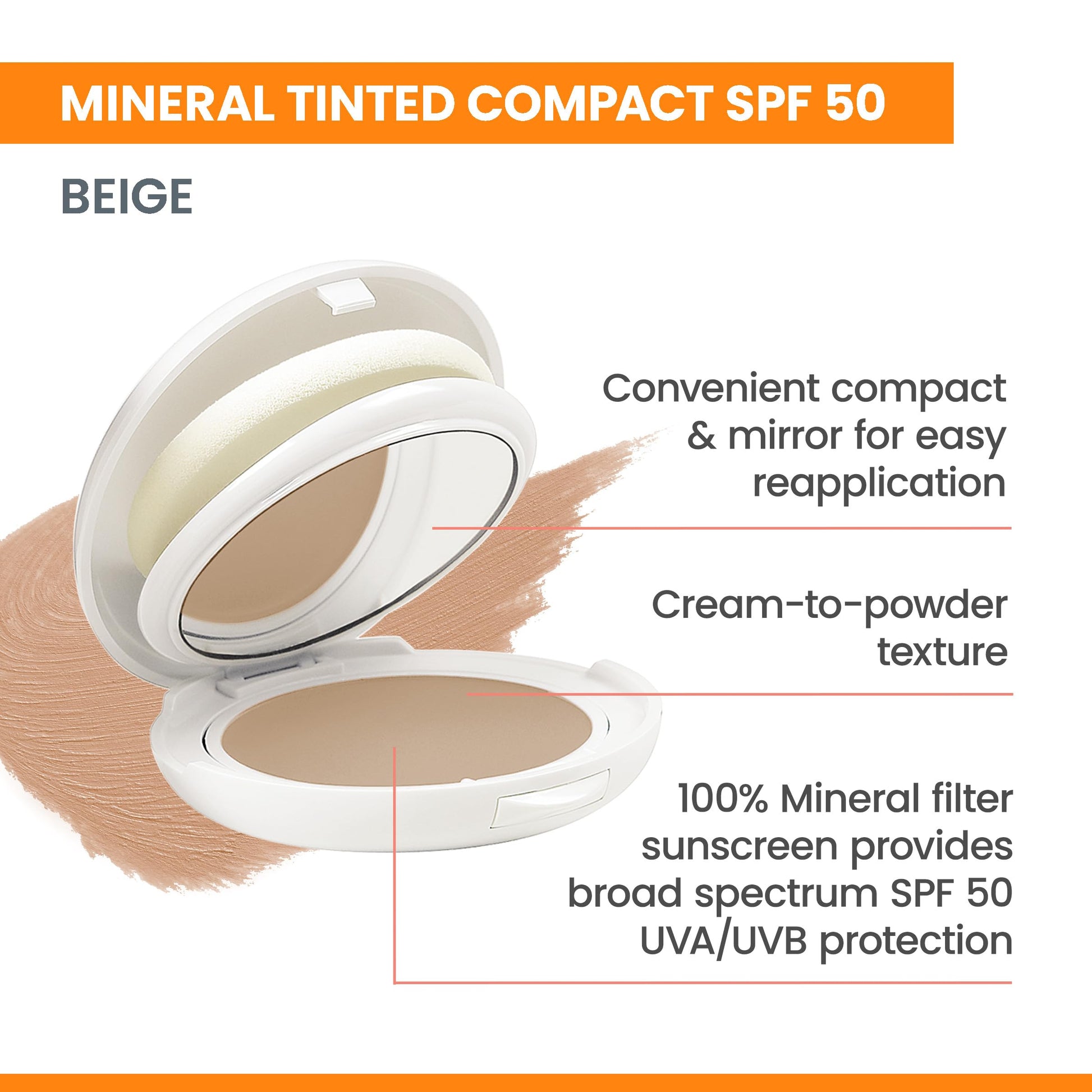 Eau Thermale Avène High Protection Beige Tinted Compact, Broad Spectrum SPF 50+, UVA/UVB Blue Light Protection, Water Resistant, Non-Greasy, 10 g - Available at All In One Marketplace Canada