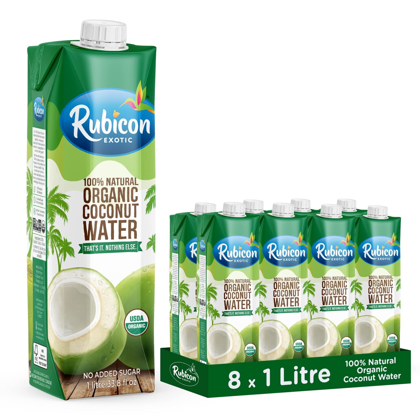 Rubicon Organic Coconut Water – 8 Pack of 1L Cartons | Natural Electrolytes, Non-GMO, No Added Sugar