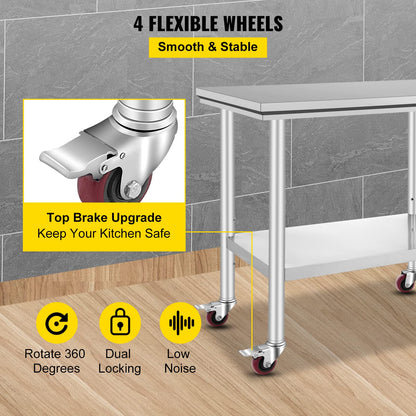 VEVOR 36x24x33.5 inch Stainless Steel Work Table with Wheels Prep Table with casters Heavy Duty Work Table for Commercial Kitchen Restaurant Business Garage 350 lb Capacity VEVOR