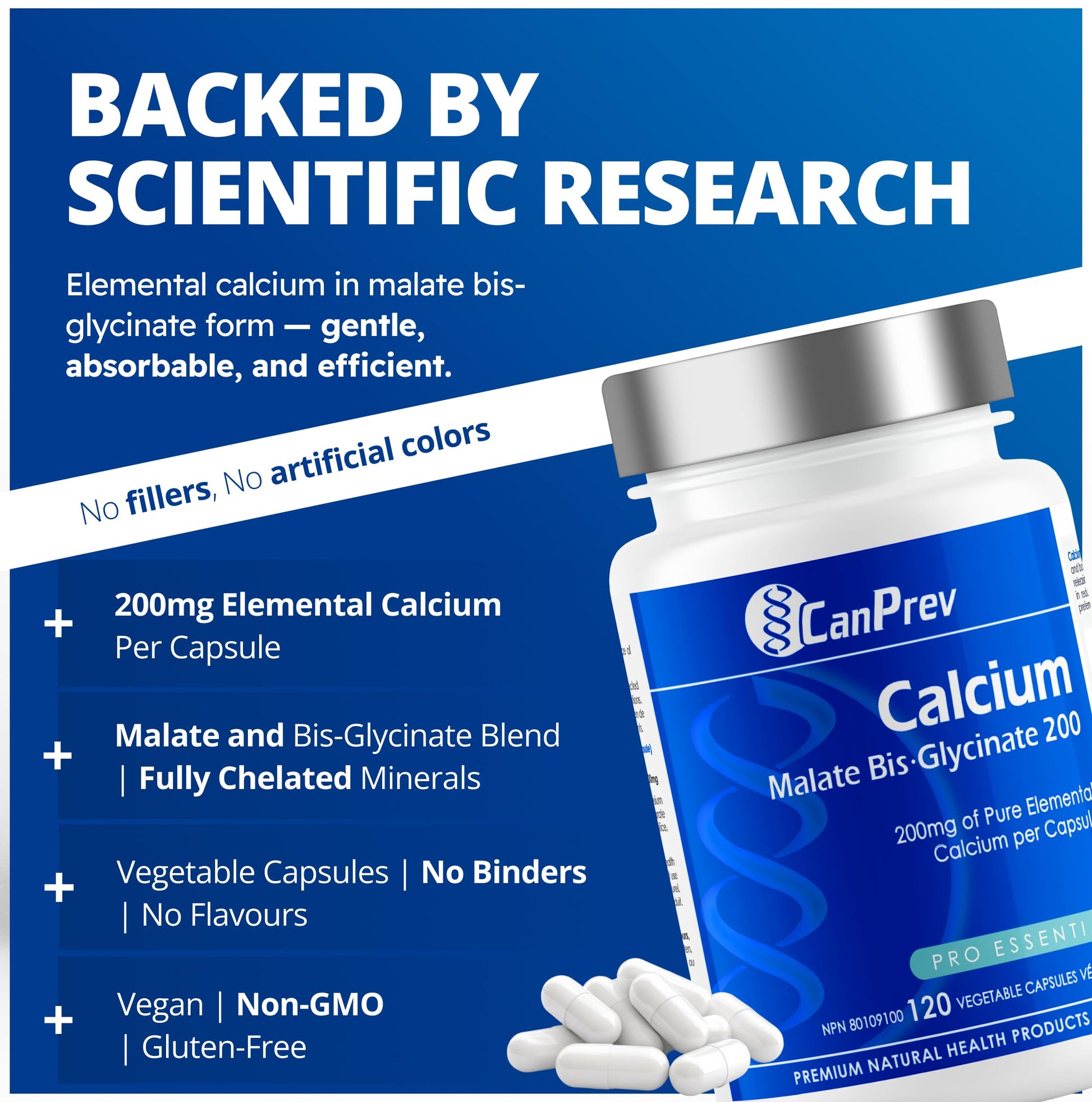 CanPrev Calcium Malate Bis-Glycinate Supplement, 120 Capsules 120-Day Supply - Therapeutic 200mg Elemental - Ideal for Healthy Bones, Teeth, Muscle Cramps and Promote Relaxation - Vegan and Non-GMO - Available at All In One Marketplace Canada