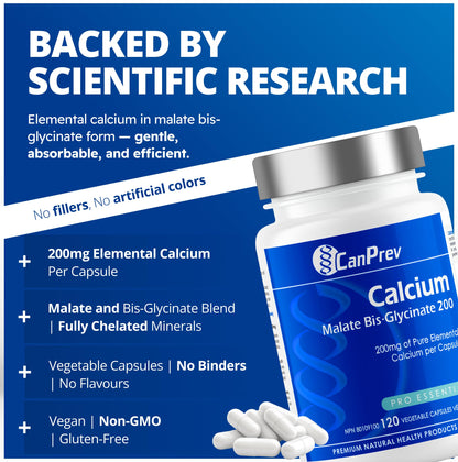 CanPrev Calcium Malate Bis-Glycinate Supplement, 120 Capsules 120-Day Supply - Therapeutic 200mg Elemental - Ideal for Healthy Bones, Teeth, Muscle Cramps and Promote Relaxation - Vegan and Non-GMO - Available at All In One Marketplace Canada