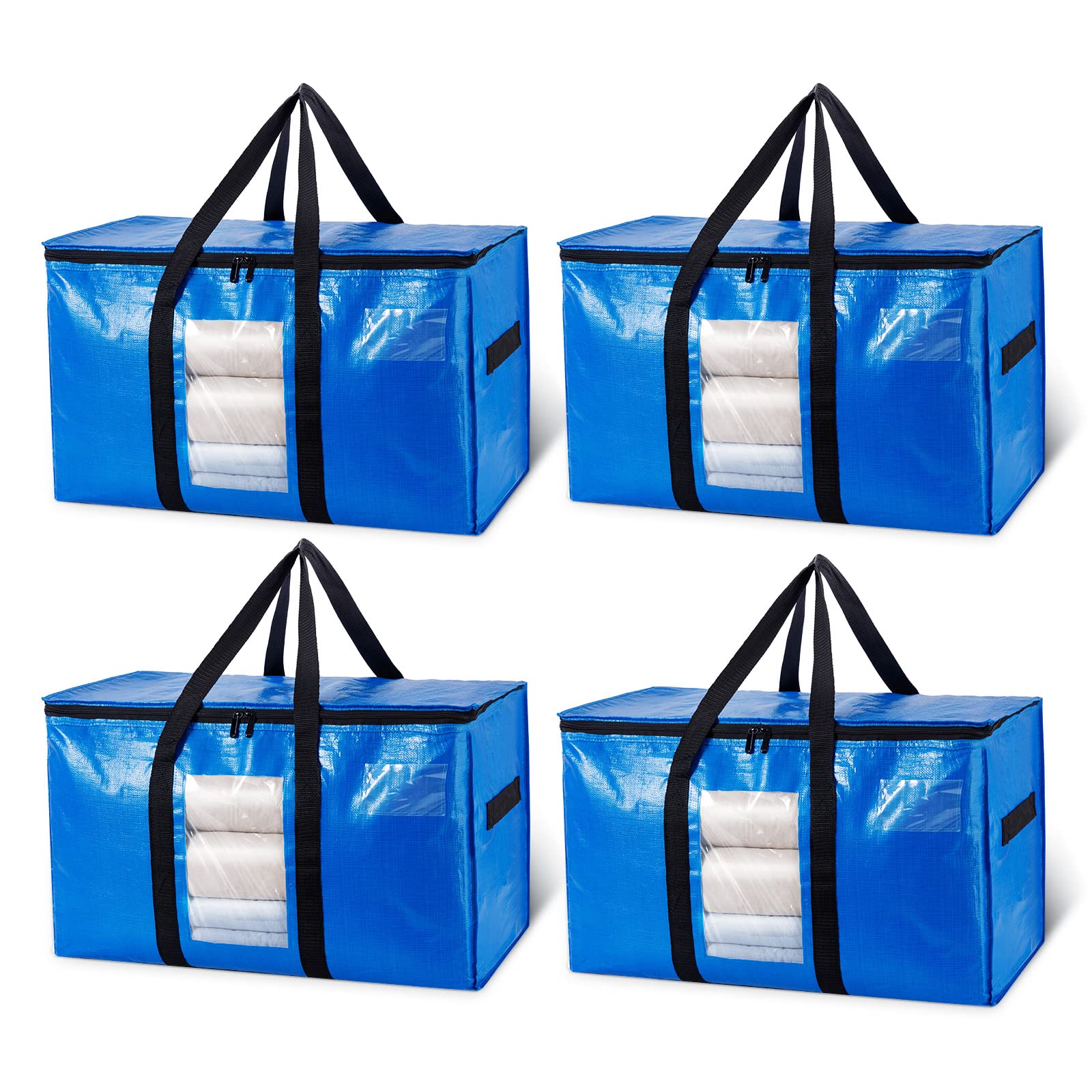 TAILI Extra Large Moving Bags, Heavy Duty Totes for Storage with Visible Window, U-Shaped Around Handles, Storage Contrainer Box for Space Saving, Blue, 4 Pack - Available at All In One Marketplace Canada