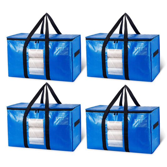 TAILI Extra Large Moving Bags, Heavy Duty Totes for Storage with Visible Window, U-Shaped Around Handles, Storage Contrainer Box for Space Saving, Blue, 4 Pack - Available at All In One Marketplace Canada
