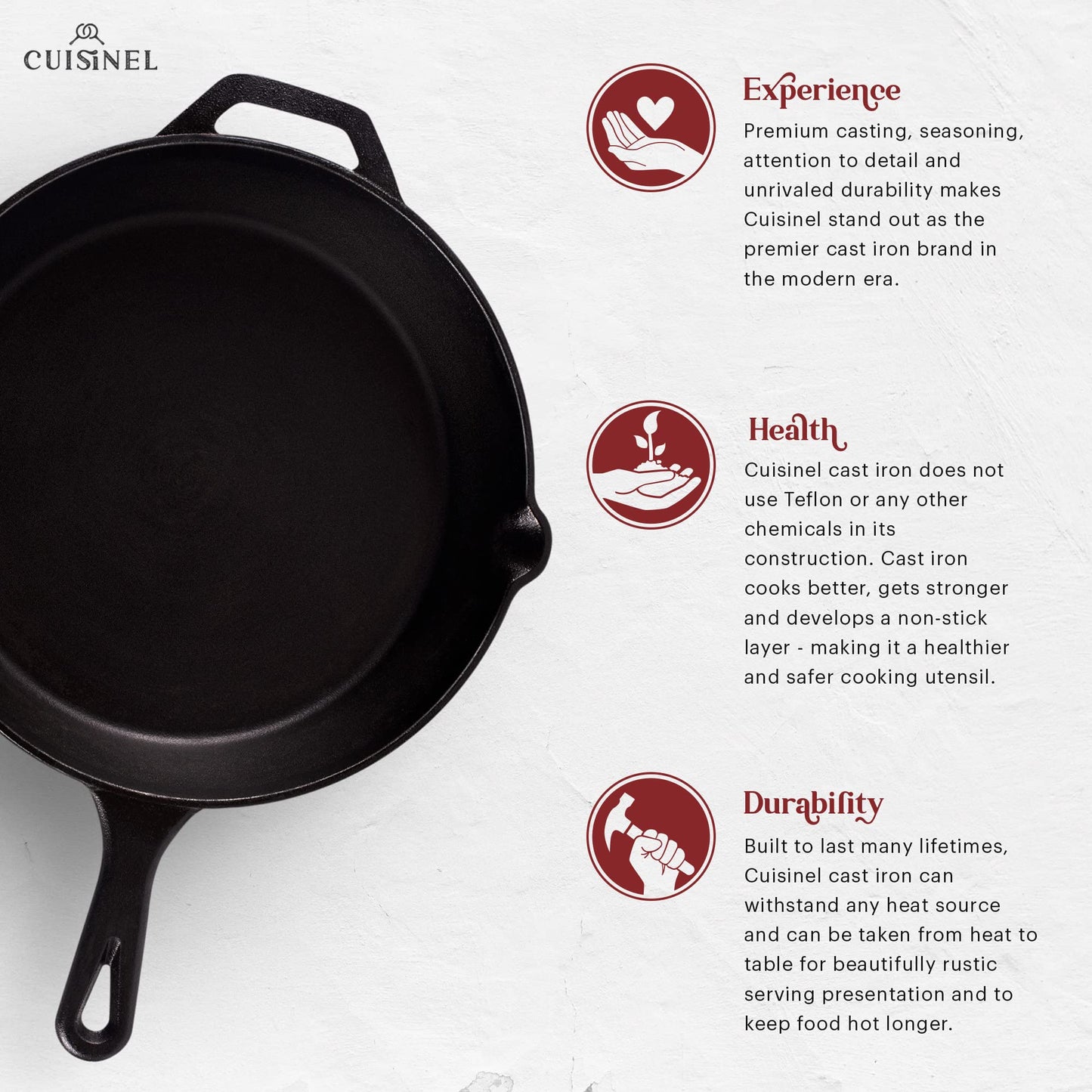 Cast Iron Skillet - 12"-Inch Frying Pan with Assist Handle and Pour Spots + Silicone Grip Cover - Pre-Seasoned Oven Safe Cookware - Indoor/Outdoor Use - Grill, Stovetop, Induction and Firepit Safe Cuisinel