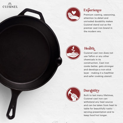 Cast Iron Skillet - 12"-Inch Frying Pan with Assist Handle and Pour Spots + Silicone Grip Cover - Pre-Seasoned Oven Safe Cookware - Indoor/Outdoor Use - Grill, Stovetop, Induction and Firepit Safe Cuisinel