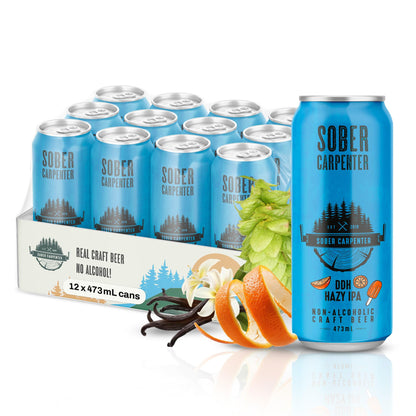 SOBER CARPENTER - DDH Hazy IPA Beer (Craft), All-Occasion Non Alcoholic Beer (with Lactose), Non Alcoholic Spirits & Alcohol Alternative, Low Calorie Drink with 70 Calories, Pack of 12 (16 oz Ea) Sober Carpenter